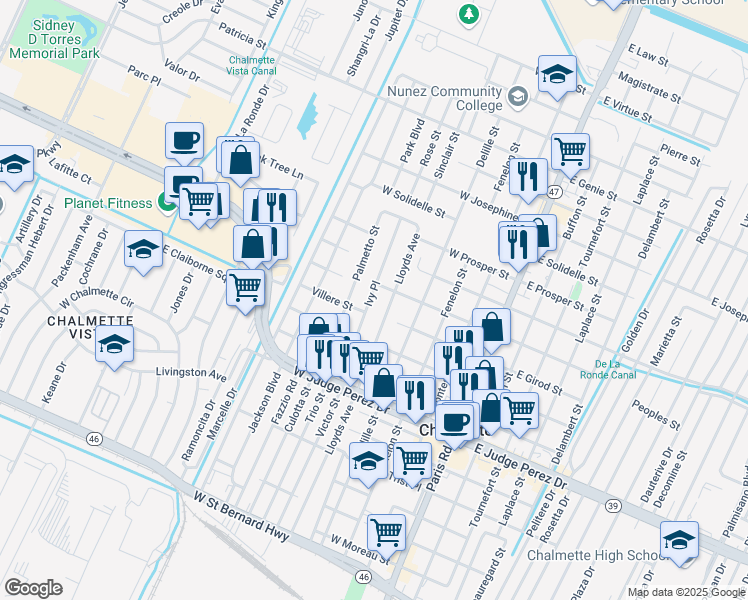 map of restaurants, bars, coffee shops, grocery stores, and more near 2913 Ivy Place in Chalmette
