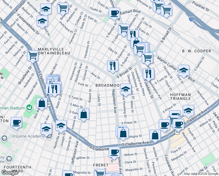 map of restaurants, bars, coffee shops, grocery stores, and more near 4419 South Rocheblave Street in New Orleans