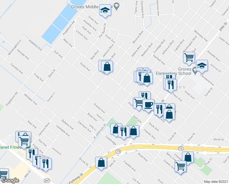map of restaurants, bars, coffee shops, grocery stores, and more near 6001 West Madison Boulevard in Groves