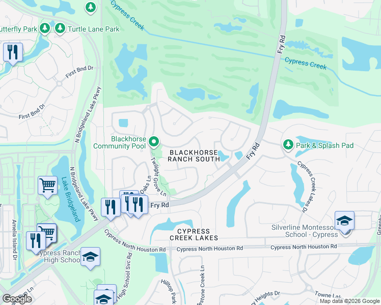 map of restaurants, bars, coffee shops, grocery stores, and more near 26814 Riverbend Point Lane in Cypress