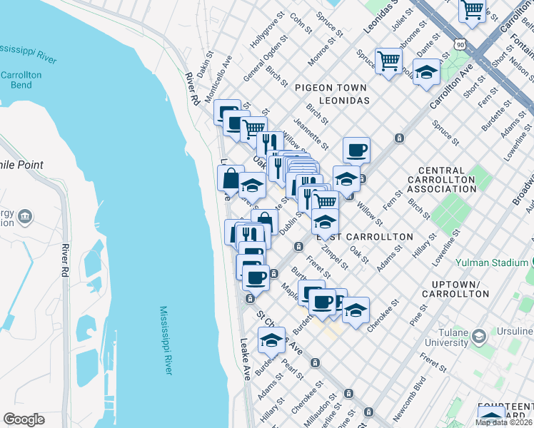 map of restaurants, bars, coffee shops, grocery stores, and more near 8310 Freret Street in New Orleans