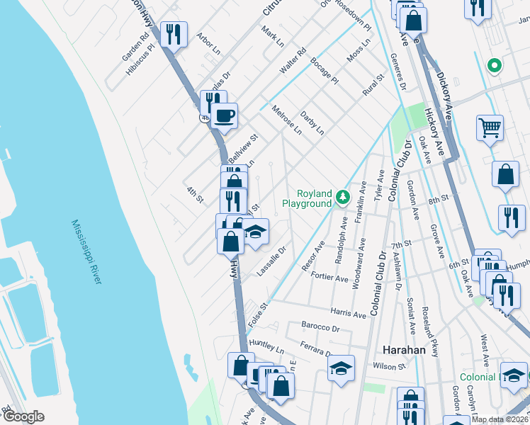 map of restaurants, bars, coffee shops, grocery stores, and more near 8925 Camille Court in River Ridge
