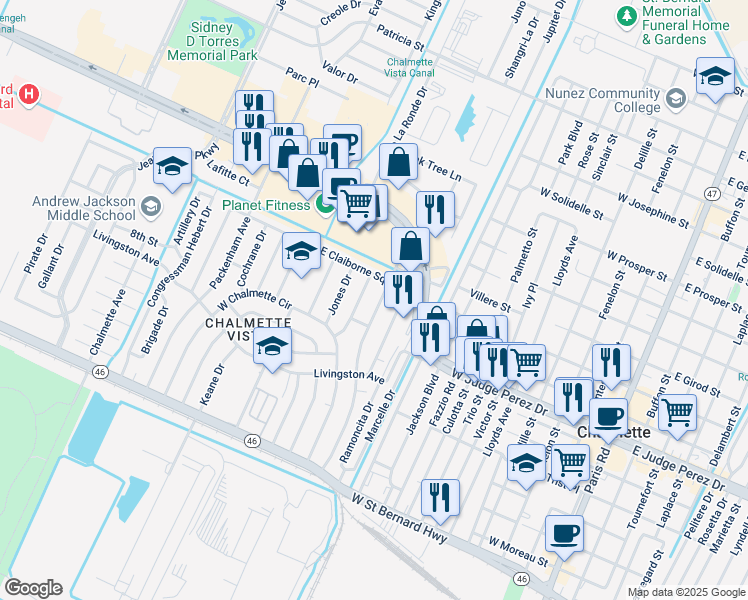map of restaurants, bars, coffee shops, grocery stores, and more near 73 Patterson Drive in Chalmette