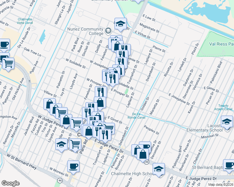 map of restaurants, bars, coffee shops, grocery stores, and more near 3127 Buffon Street in Chalmette