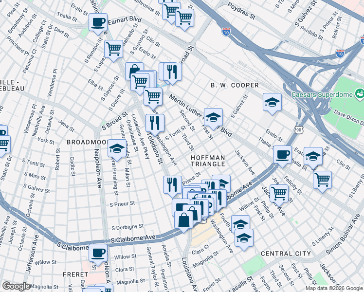 map of restaurants, bars, coffee shops, grocery stores, and more near 2700 South Miro Street in New Orleans