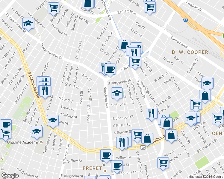 map of restaurants, bars, coffee shops, grocery stores, and more near 4319 South Rocheblave Street in New Orleans