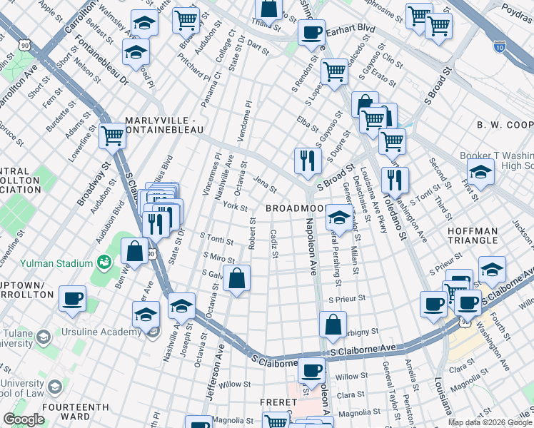 map of restaurants, bars, coffee shops, grocery stores, and more near 3801 Cadiz Street in New Orleans
