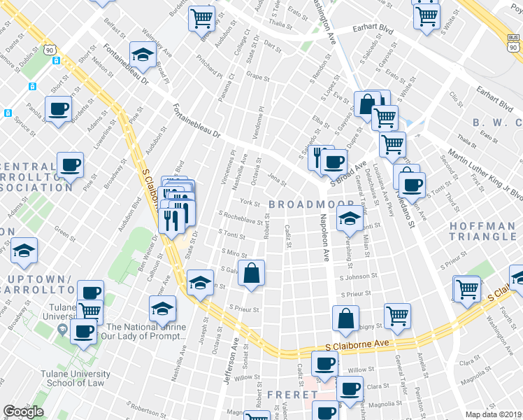 map of restaurants, bars, coffee shops, grocery stores, and more near 3720 Robert Street in New Orleans