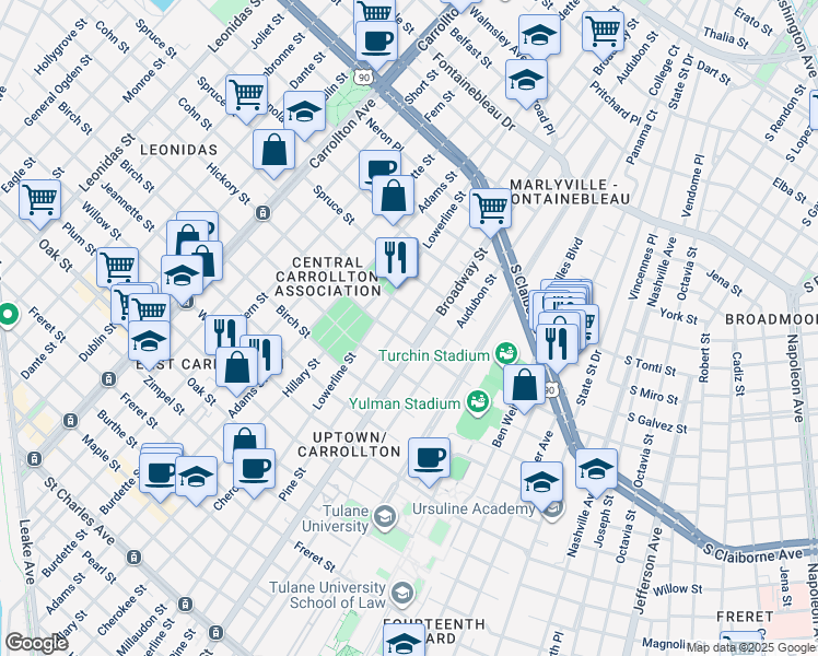 map of restaurants, bars, coffee shops, grocery stores, and more near 1736 Pine Street in New Orleans
