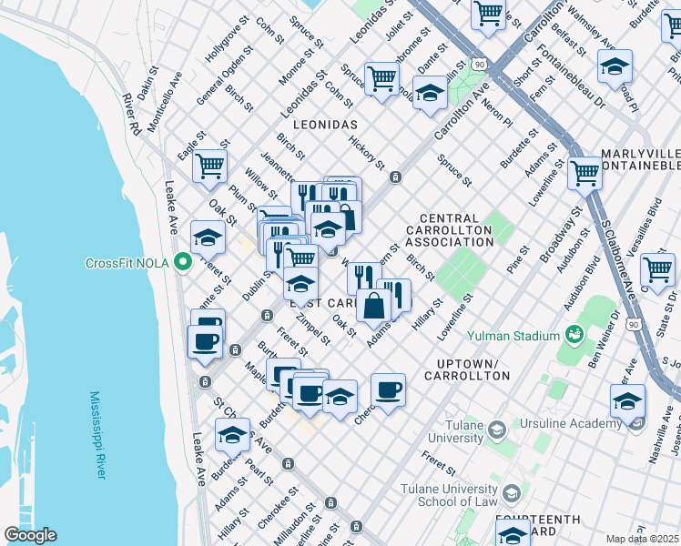 map of restaurants, bars, coffee shops, grocery stores, and more near 1327 Short Street in New Orleans