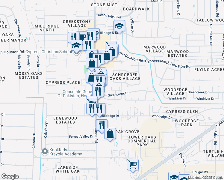 map of restaurants, bars, coffee shops, grocery stores, and more near 10710 Greencreek Drive in Houston