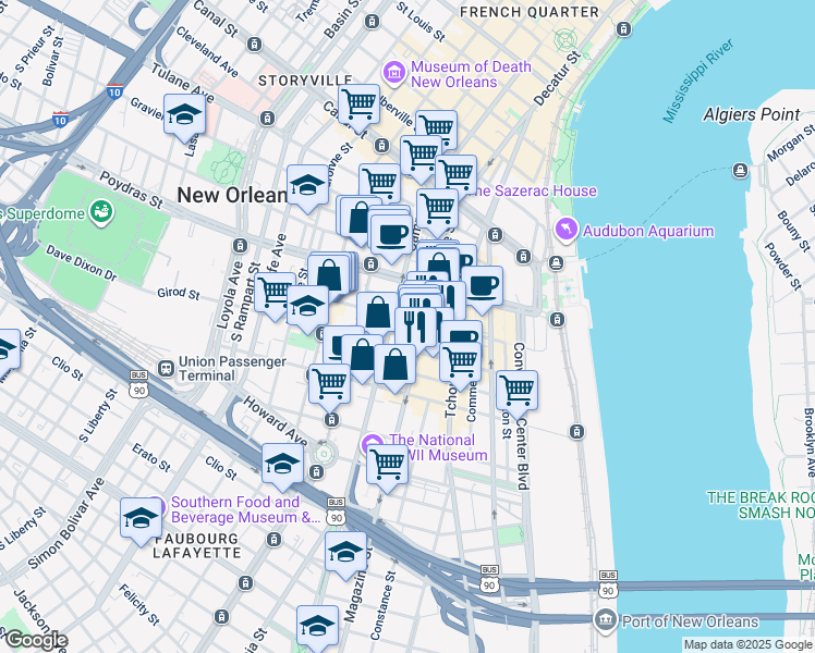 map of restaurants, bars, coffee shops, grocery stores, and more near 600 Camp Street in New Orleans
