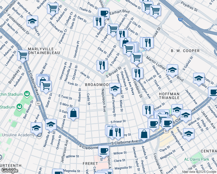 map of restaurants, bars, coffee shops, grocery stores, and more near 4319 South Rocheblave Street in New Orleans