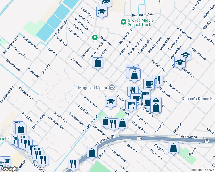 map of restaurants, bars, coffee shops, grocery stores, and more near 6001 West Madison Boulevard in Groves