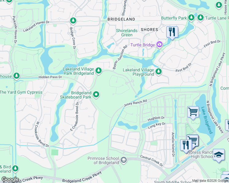 map of restaurants, bars, coffee shops, grocery stores, and more near 18630 Halff Bend Drive in Cypress