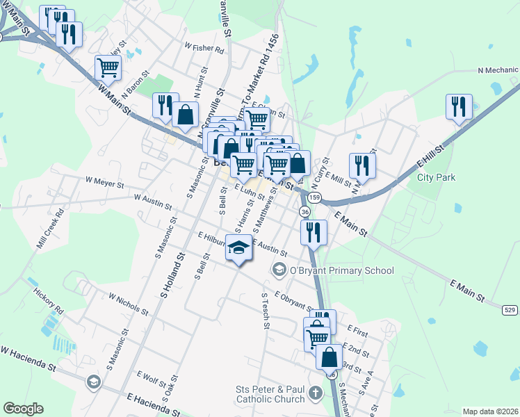 map of restaurants, bars, coffee shops, grocery stores, and more near 123 South Matthews Street in Bellville