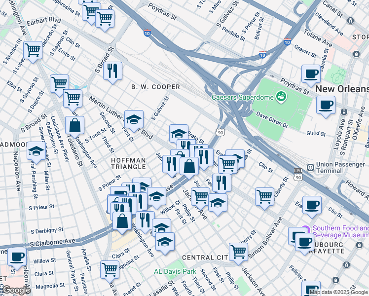 map of restaurants, bars, coffee shops, grocery stores, and more near 3127 Martin Luther King Junior Boulevard in New Orleans