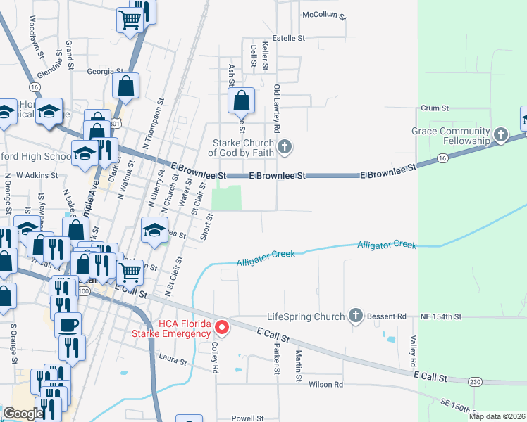 map of restaurants, bars, coffee shops, grocery stores, and more near 906 Thomas Street in Starke