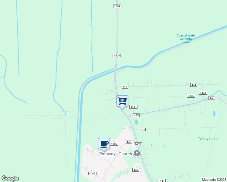 map of restaurants, bars, coffee shops, grocery stores, and more near 8548 Farm to Market Road 1409 in Dayton