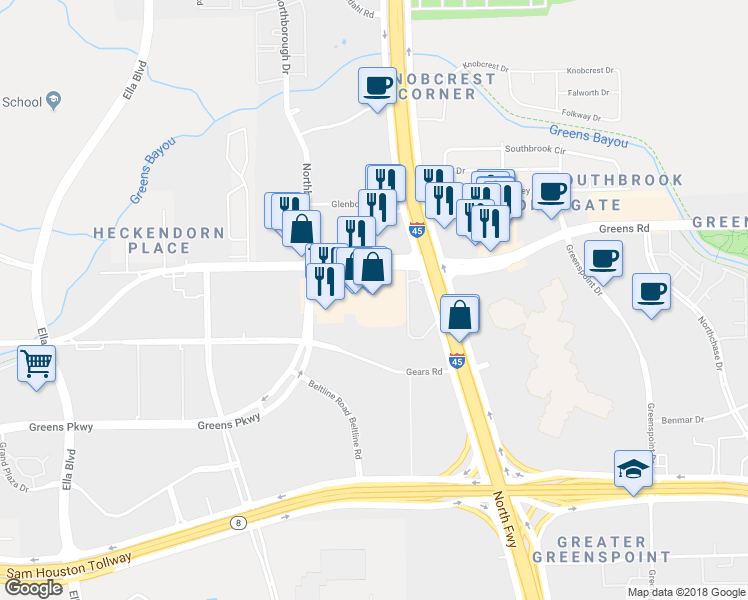 map of restaurants, bars, coffee shops, grocery stores, and more near 205 West Greens Road in Houston