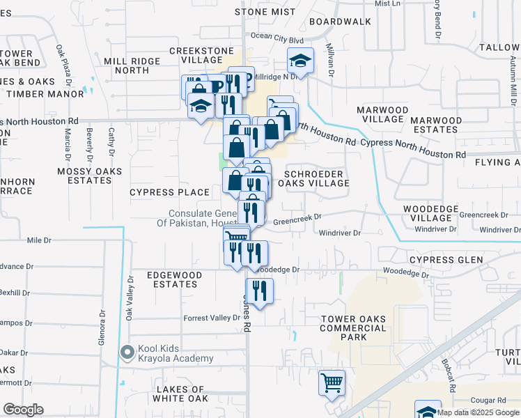 map of restaurants, bars, coffee shops, grocery stores, and more near 10800 Greencreek Drive in Houston