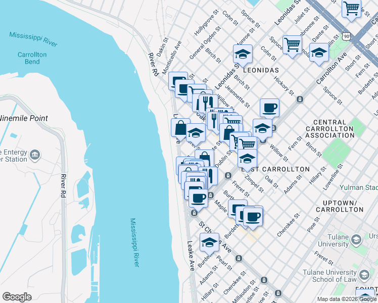 map of restaurants, bars, coffee shops, grocery stores, and more near 836 Cambronne Street in New Orleans