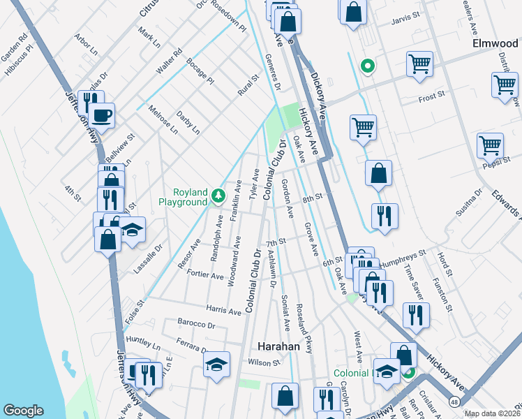 map of restaurants, bars, coffee shops, grocery stores, and more near 745 Ashlawn Drive in Harahan