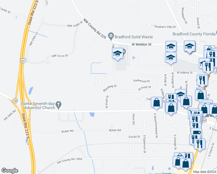 map of restaurants, bars, coffee shops, grocery stores, and more near 1246 Blanding Street in Starke