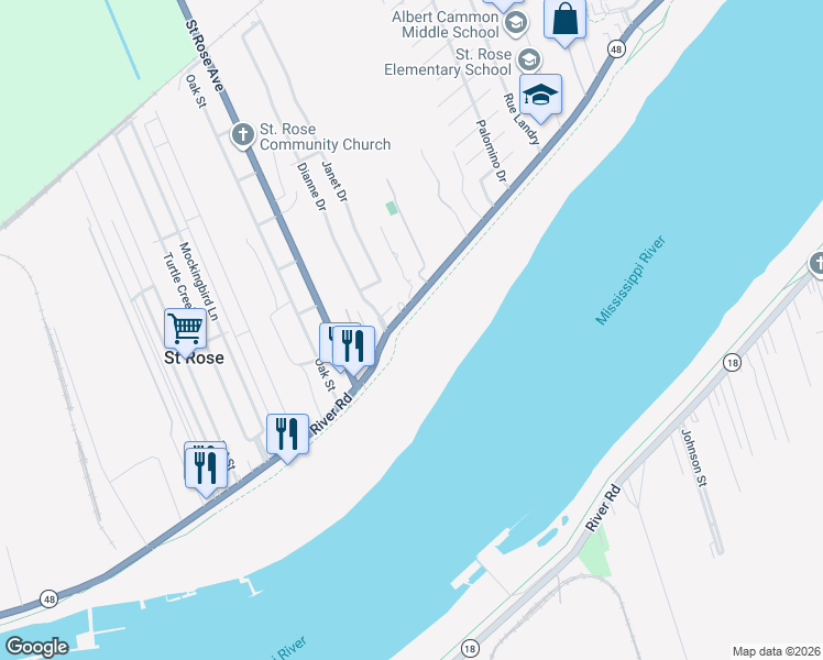 map of restaurants, bars, coffee shops, grocery stores, and more near 11360 River Road in Saint Rose