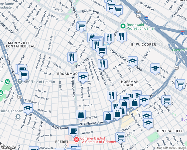 map of restaurants, bars, coffee shops, grocery stores, and more near 3733 Delachaise Street in New Orleans