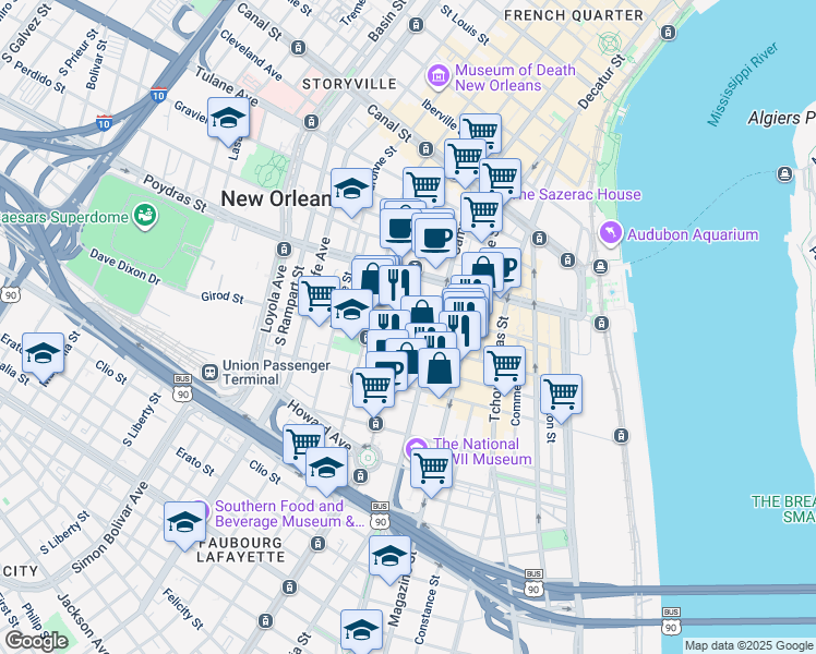 map of restaurants, bars, coffee shops, grocery stores, and more near 600 South Maestri Place in New Orleans