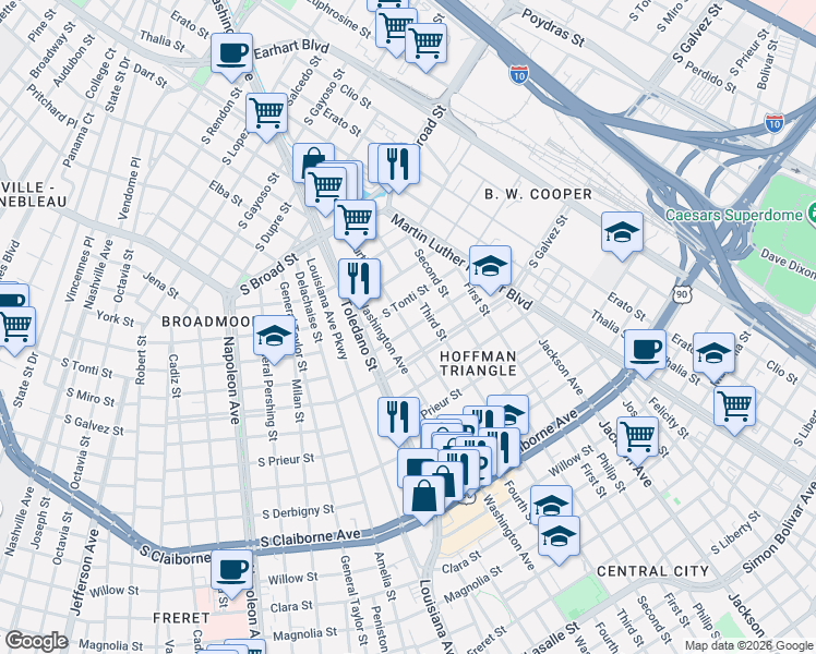 map of restaurants, bars, coffee shops, grocery stores, and more near 2700 South Miro Street in New Orleans