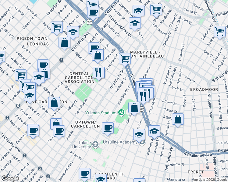 map of restaurants, bars, coffee shops, grocery stores, and more near 200 Audubon Boulevard in New Orleans