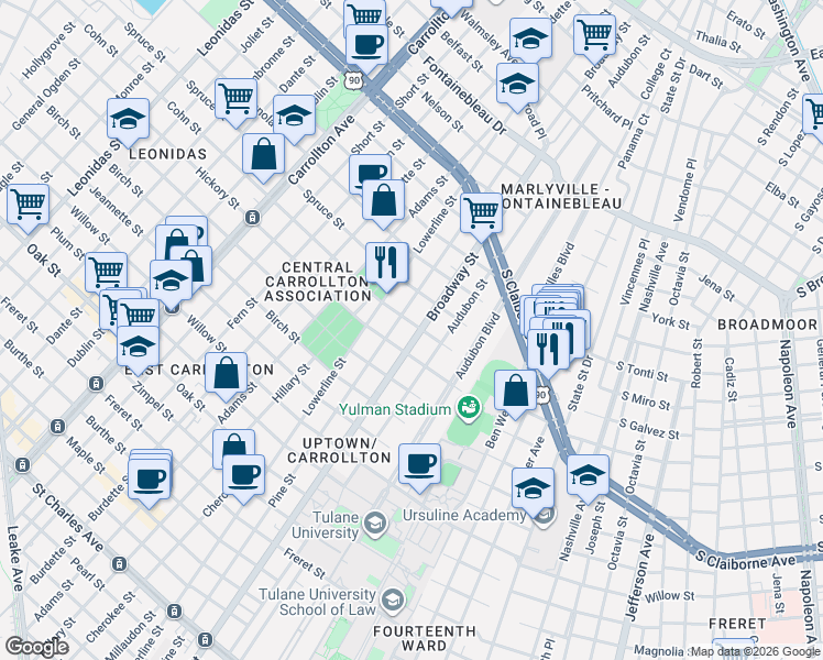 map of restaurants, bars, coffee shops, grocery stores, and more near 1825 Broadway Street in New Orleans