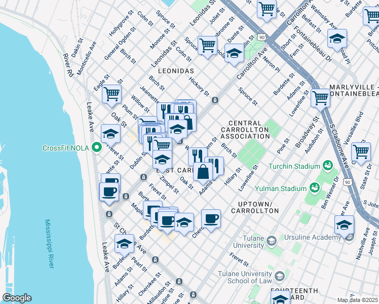 map of restaurants, bars, coffee shops, grocery stores, and more near 1327 Short Street in New Orleans