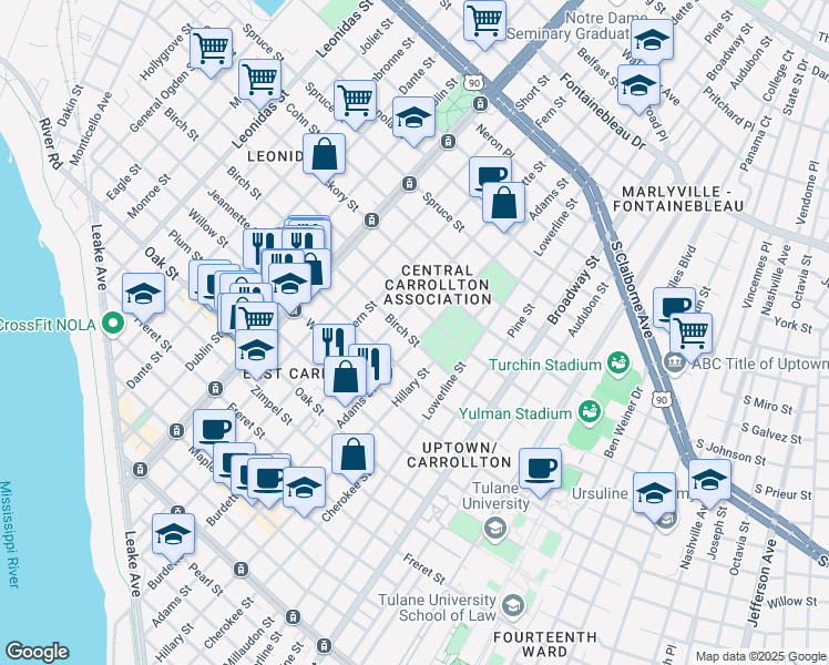 map of restaurants, bars, coffee shops, grocery stores, and more near 7711 Birch Street in New Orleans