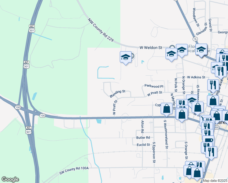 map of restaurants, bars, coffee shops, grocery stores, and more near 1207 Bradford Street in Starke