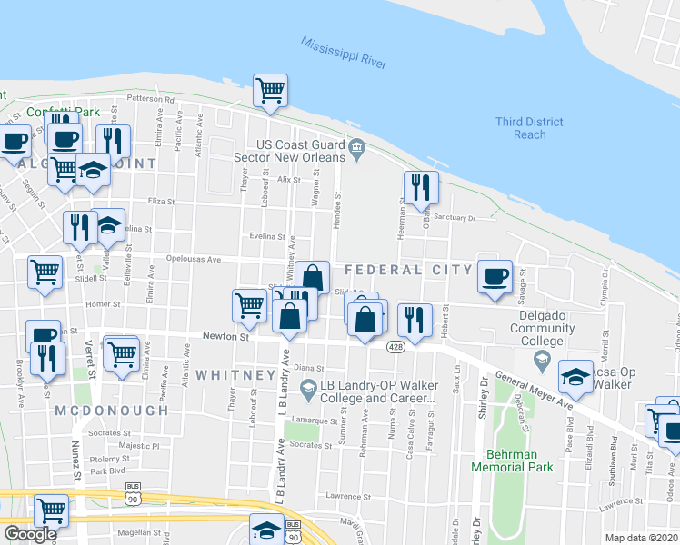 map of restaurants, bars, coffee shops, grocery stores, and more near 712 Sumner Street in New Orleans