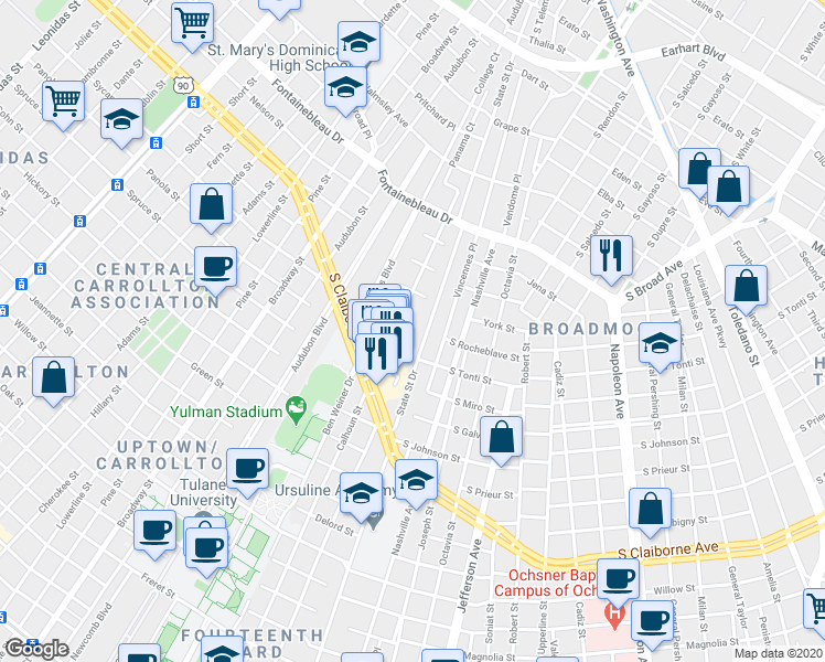 map of restaurants, bars, coffee shops, grocery stores, and more near 6215 South Tonti Street in New Orleans