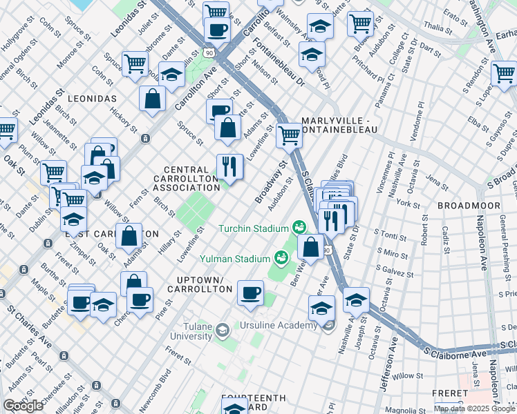map of restaurants, bars, coffee shops, grocery stores, and more near 1825 Broadway Street in New Orleans