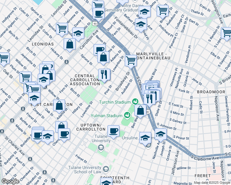 map of restaurants, bars, coffee shops, grocery stores, and more near 1825 Broadway Street in New Orleans