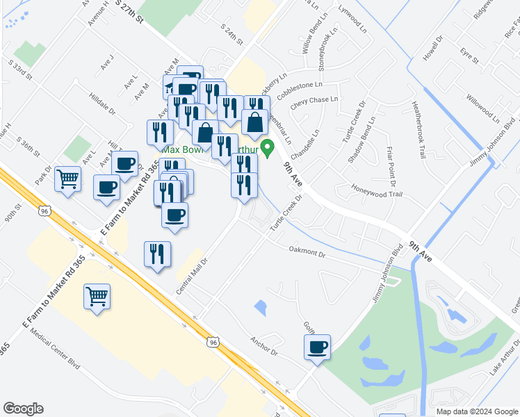 map of restaurants, bars, coffee shops, grocery stores, and more near 3333 Turtle Creek Drive in Port Arthur