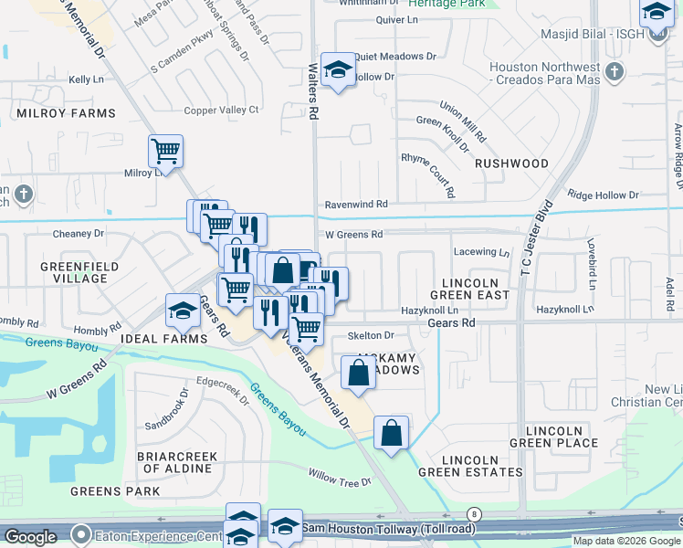 map of restaurants, bars, coffee shops, grocery stores, and more near 11322 Paramount Lane in Houston