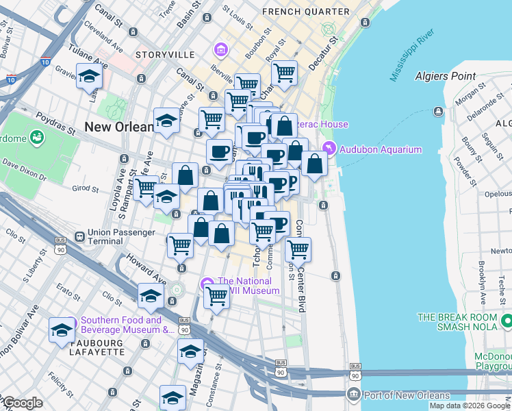 map of restaurants, bars, coffee shops, grocery stores, and more near 535 Tchoupitoulas Street in New Orleans