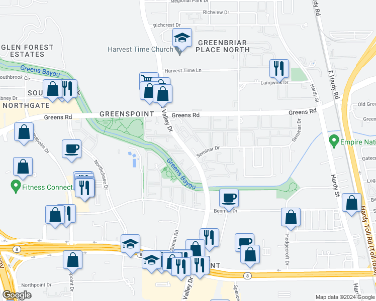 map of restaurants, bars, coffee shops, grocery stores, and more near 17202 Imperial Valley Drive in Houston