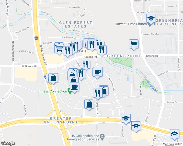 map of restaurants, bars, coffee shops, grocery stores, and more near 12408 Greenspoint Drive in Houston
