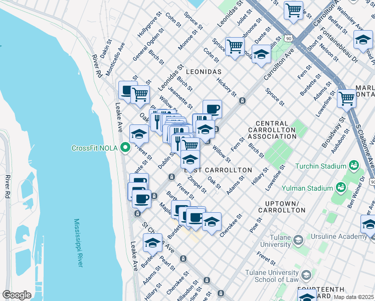 map of restaurants, bars, coffee shops, grocery stores, and more near 1226 South Carrollton Avenue in New Orleans