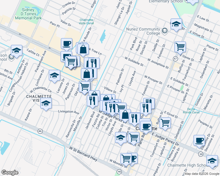 map of restaurants, bars, coffee shops, grocery stores, and more near 2900 Palmetto Street in Chalmette