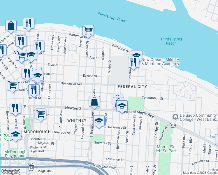 map of restaurants, bars, coffee shops, grocery stores, and more near 731 Hendee Street in New Orleans