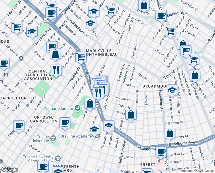 map of restaurants, bars, coffee shops, grocery stores, and more near 6215 South Tonti Street in New Orleans